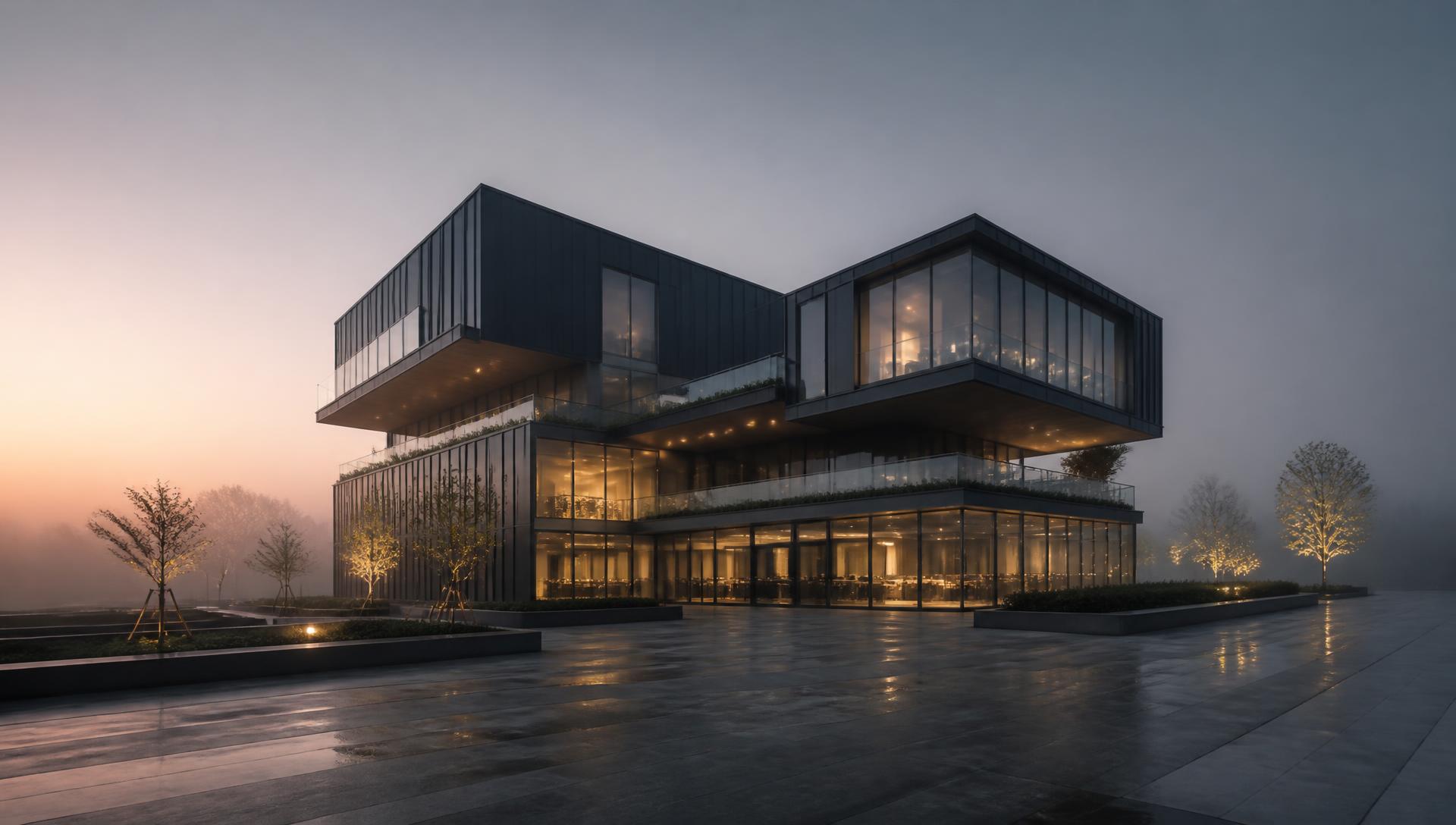 Contemporary mixed-use building at dawn