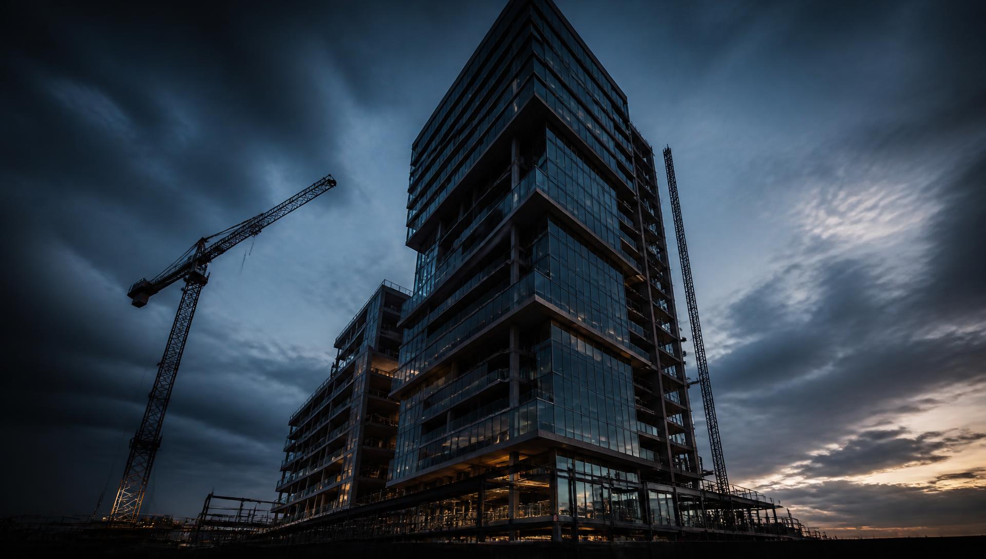 Immeuble contemporain en construction au crépuscule